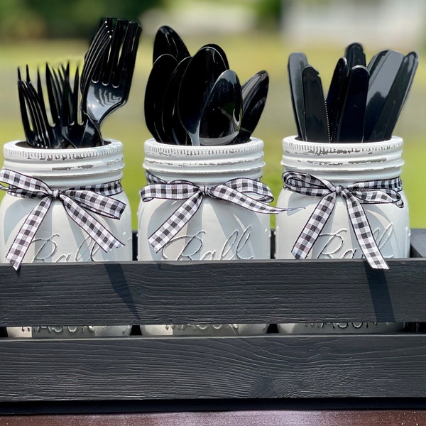 Farmhouse Wooden Mason Jar Utensil Holder Box, Utensil Crate, Black and White Party Decor, Farmhouse Silverware Organizer