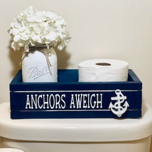 Coastal Bathroom Decor, Nautical Decor, Anchors Aweigh Decor, Beach Decor, Nautical Bathroom Storage, Wood Toilet Box, Toilet Paper Holder