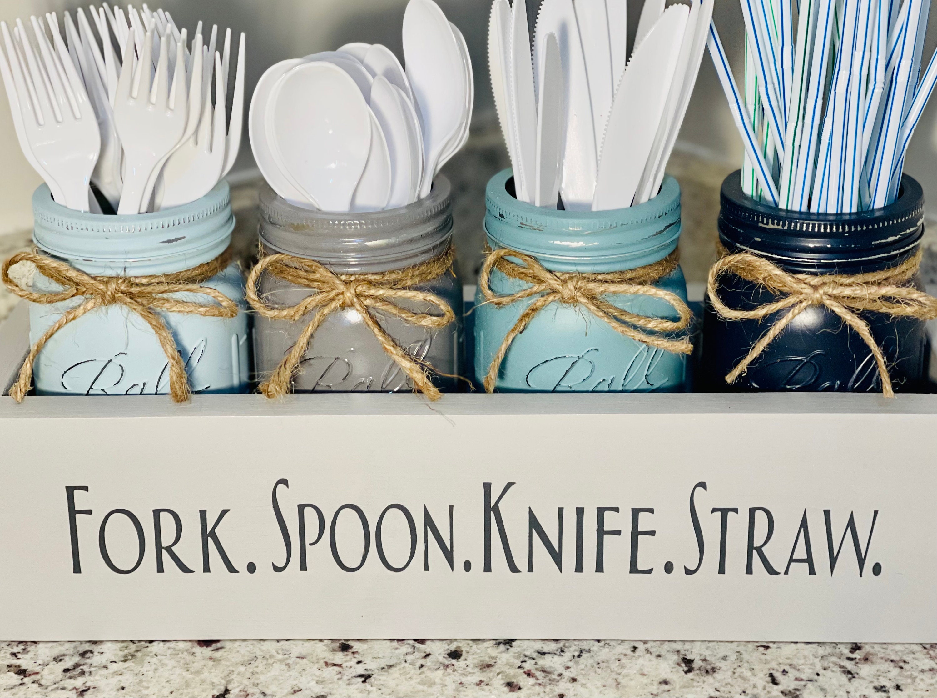 Wooden Mason Jar Utensil Holder Box, Mason Jar Silverware Caddy, Party Silverware Holder, Fork