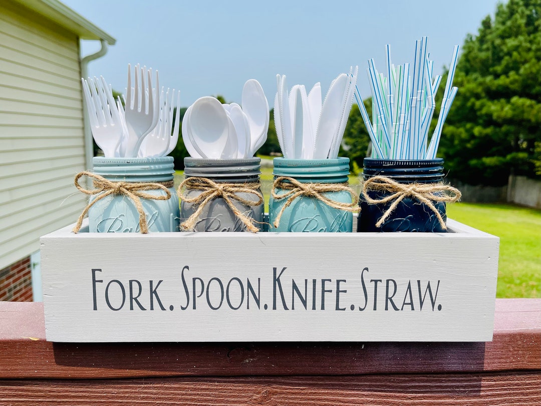 Wooden Mason Jar Utensil Holder Box, Mason Jar Silverware Caddy, Party