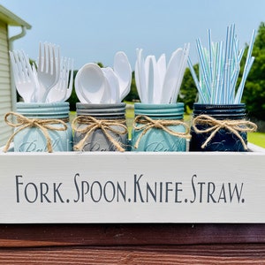 Wooden Mason Jar Utensil Holder Box, Mason Jar Silverware Caddy, Party Silverware Holder, Fork, Spoon, Knife, Farmhouse Silverware Organizer