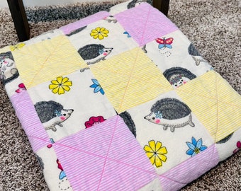 Happy Hedgehog - Handmade Quilted Baby Blanket, Flannel Baby Blanket, Baby Shower Gift, Crib Blanket, Nursery Quilt, Nursery Blanket