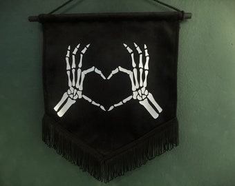 Skeleton hands handmade black + silver velvet flag banner