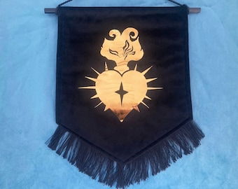 Black Velvet Gold Sacred Heart Flag Wall Hanging Gothic Handmade Pennant Banner