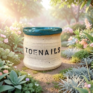 May include: A cylindrical ceramic jar with a speckled cream-colored body and a dark teal glazed rim. The word TOENAILS is printed in bold black capital letters on the front of the jar. The container has a smooth, slightly curved shape.