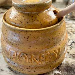 Handmade Stoneware Honey Jar with Wooden Honey Stick