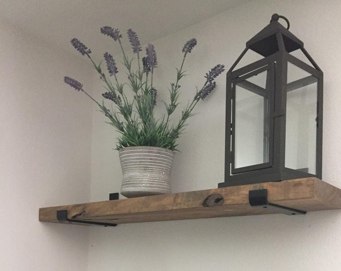 Narrow Shelf 15cm with J Lip Brackets, Custom Size, Reclaimed Solid Wood, for Solid Brick Masonry Wall