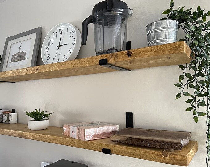 Thick Shelf 22cm with J Lip Brackets, Custom Size, Reclaimed Solid Wood, for Plasterboard Drywall