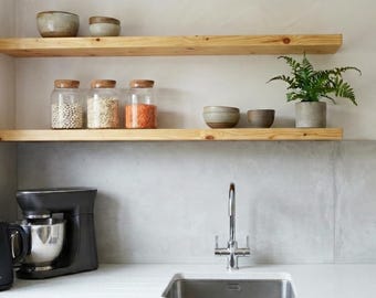 2x Floating Narrow Shelves 15cm, Set of 2 with Hidden Brackets, Custom Size, Reclaimed Solid Wood, for Plasterboard Drywall