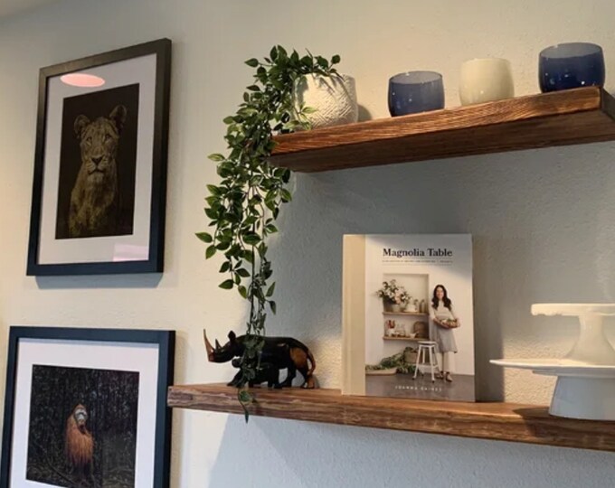 Floating Thick Shelf 22cm with Hidden Brackets, Custom Size, Reclaimed Solid Wood, for Solid Brick Masonry Wall