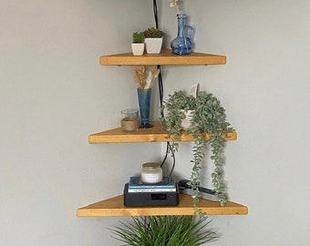 Floating Thick Corner Shelf, Straight Edge, 3 Different Sizes, Reclaimed Solid Wood, for Plasterboard Drywall