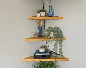 Floating Thick Corner Shelf, Straight Edge, 3 Different Sizes, Reclaimed Solid Wood, for Solid Brick Masonry Wall