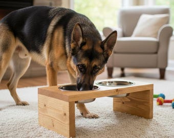Raised Feeding Bowl for Medium and Large Dogs, Solid Wood Chunky Wide Pet Feeding Stand
