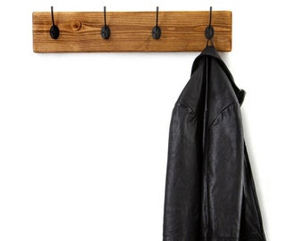 Rustic Coat Rack with Metal Black or Vintage Hooks, Wall Mount, 10cm Extra Narrow Scaffold Board, Reclaimed Solid Wood