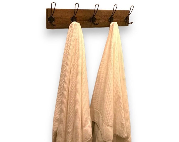 Rustic Coat Rack with Metal Black or Vintage Loop Hooks, Wall Mount, 10cm Extra Narrow Scaffold Board, Reclaimed Solid Wood
