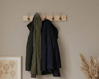 Rustic Solid Wood Coat Rack with Metal Loop Hooks, Wall Mounted (Depth 10cm)