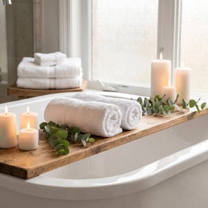 May include: A wooden bath tray holds rolled white towels, lit candles, and greenery, creating a spa-like atmosphere. The tray rests on a white bathtub, with additional towels stacked in the background near a window.