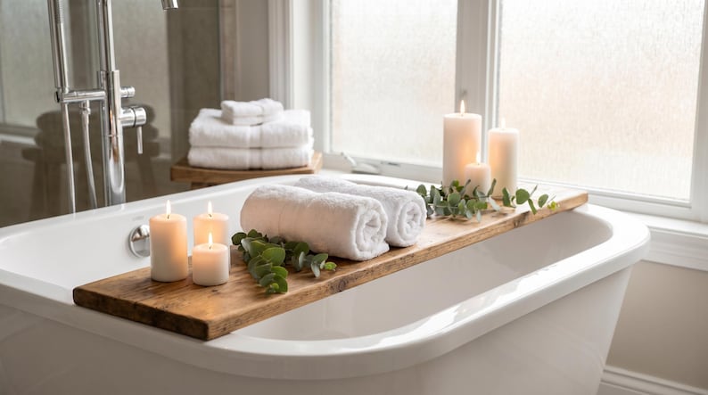 May include: A wooden bath tray holds rolled white towels, lit candles, and greenery, creating a spa-like atmosphere. The tray rests on a white bathtub, with additional towels stacked in the background near a window.