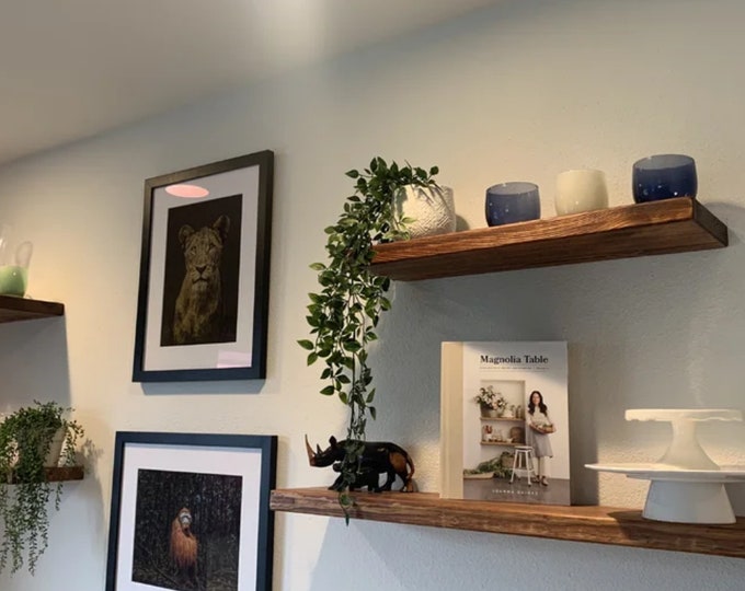 Floating Thick Shelf 22cm with Hidden Brackets, Custom Size, Reclaimed Solid Wood, for Plasterboard Drywall
