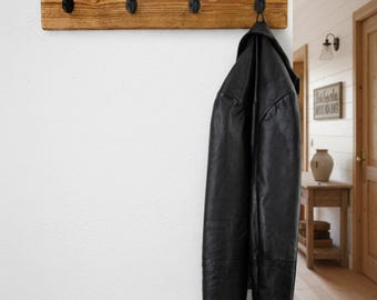 Rustic Coat Rack with Metal Black or Vintage Hooks, Wall Mount, 10cm Extra Narrow Scaffold Board, Reclaimed Solid Wood
