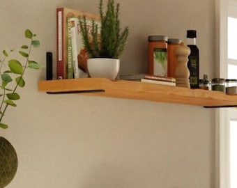 Thick Shelf 22cm with L Brackets, Custom Size, Reclaimed Solid Wood, for Solid Brick Masonry Wall