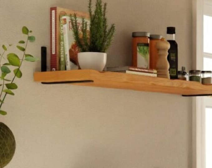 Thick Shelf 22cm with L Brackets, Custom Size, Reclaimed Solid Wood, for Solid Brick Masonry Wall
