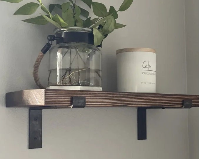 Thick Shelf 22cm with Z Lip Brackets, Custom Size, Reclaimed Solid Wood, for Solid Brick Masonry Wall