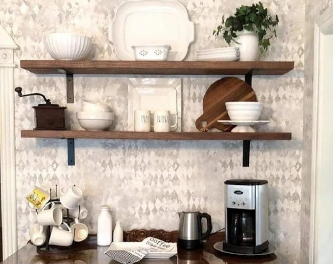 Deep Shelf 30cm with L Brackets, Custom Size, Reclaimed Solid Wood, for Solid Brick Masonry Wall