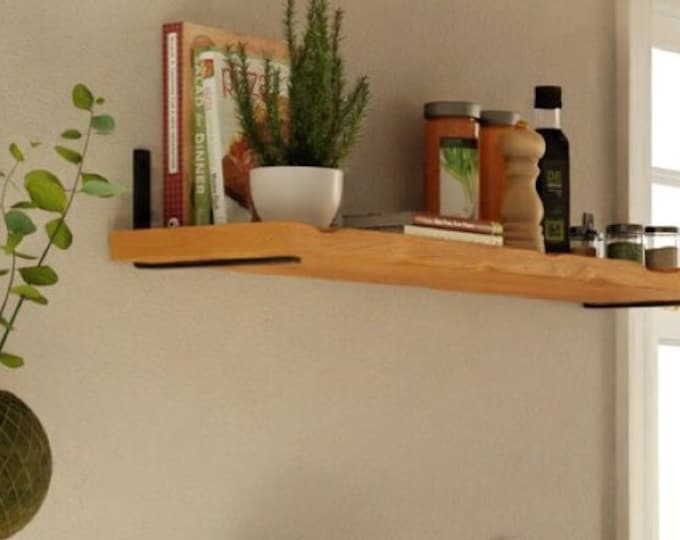 Thick Shelf 22cm with L Brackets, Custom Size, Reclaimed Solid Wood, for Plasterboard Drywall
