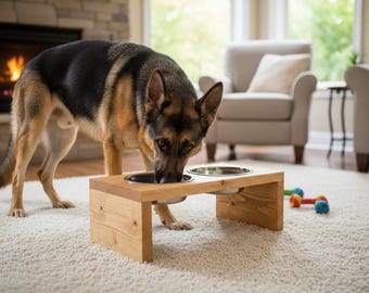 Raised Feeding Bowl for Medium and Large Dogs, Solid Wood Chunky Wide Pet Feeding Stand