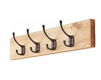 Rustic Coat Rack with Metal Vintage Hooks, Wall Mount, 10cm Extra Narrow Scaffold Board, Reclaimed Solid Wood, Custom Size Colour