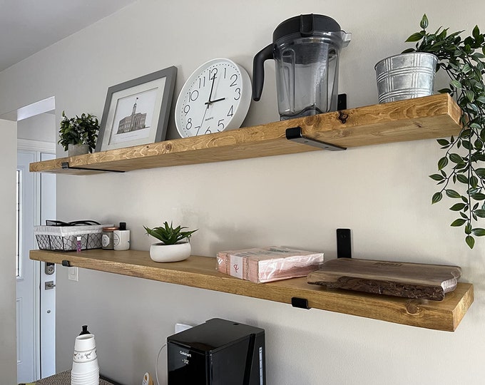 Thick Shelf 22cm with J Lip Brackets, Custom Size, Reclaimed Solid Wood, for Solid Brick Masonry Wall