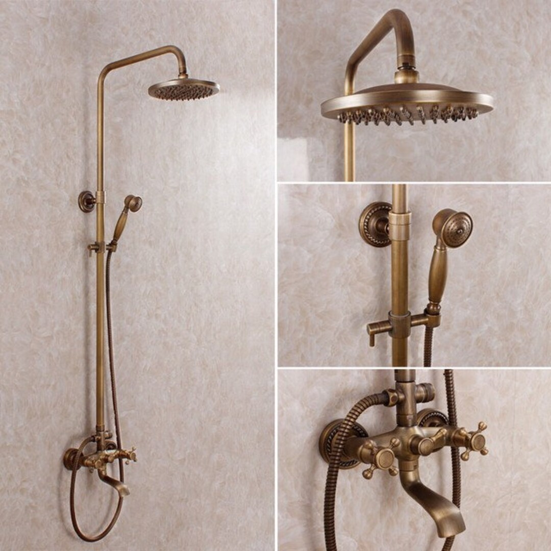 Brass Antique Bathroom Shower Faucet Set Wall Mount Dual Handle Handshower Shelf Brass Bathroom