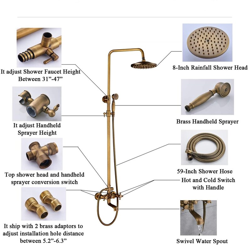 Brass Antique Bathroom Shower Faucet Set Wall Mount Dual Etsy