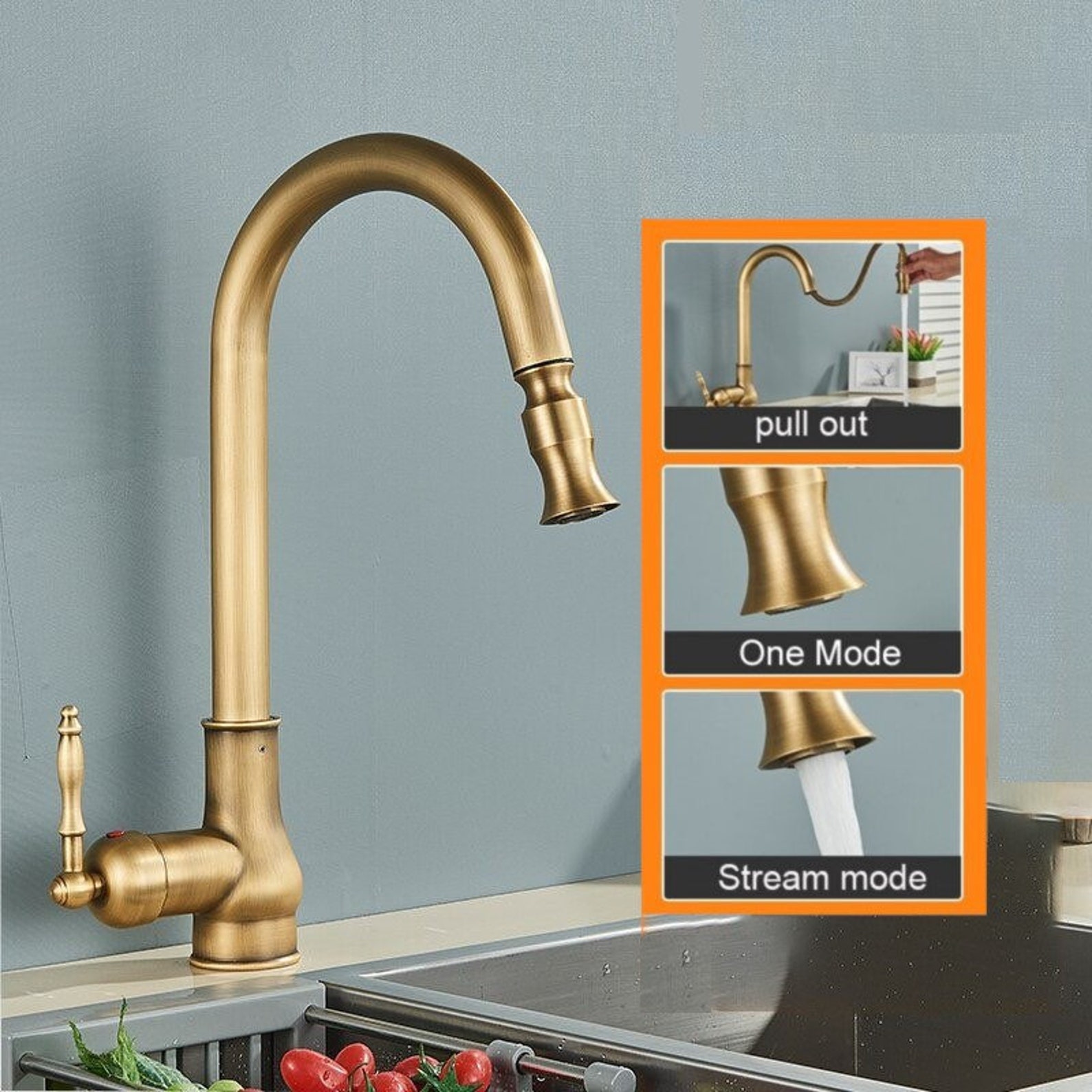 Antique Brass Pull Out Kitchen Faucet Single Handle Faucet 360 Etsy