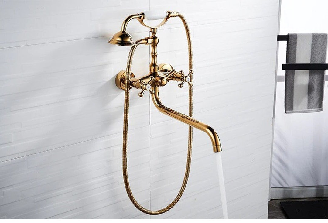 Gold Wall Mounted Bathtub Faucet Brass Shower Faucets With Hand Shower ...