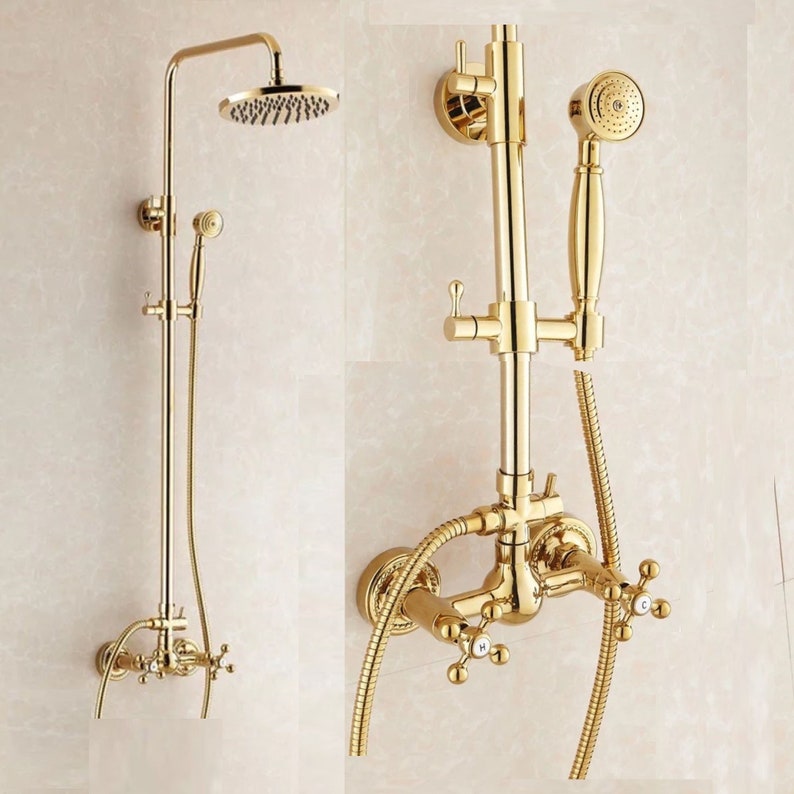 European Style Gold Brass Shower Set Wallmounted Dual Handle Etsy