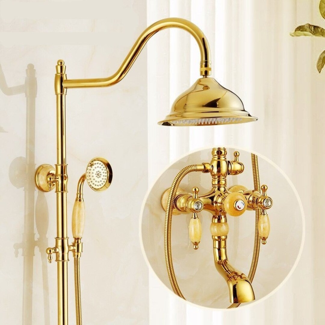 Jade Golden Shower Faucet Brass Rainfall Shower Set Bathroom Luxurious
