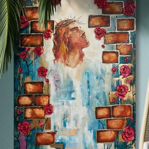 Dipinto Principe della Pace: arte cristiana con tecnica mista e rose (76 x 101 cm)