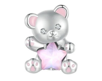 S925 Silber Charms süßer Teddybär-Charm mit rosafarbenem CZ, kompatibel mit Pandora-Charm-Armband S925 Charms Babybär