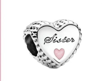 Sister 925 silver charm heart shaped charm with pink enamel heart design engraved edges  compatible with pandora