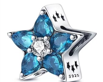 Genuine silver s925 charm Sparkling star with blue stones for charm bracelet silver charms Gift