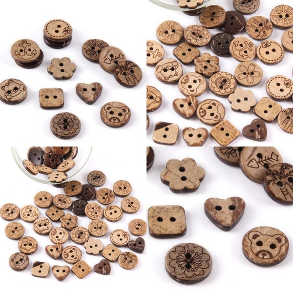 Buttons handmade wooden buttons different shaped buttons knitting sewing small children's buttons heart ,  teddy bear 12.5mm coconut shell