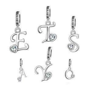 Dije colgante de letra del alfabeto 925 con forma de corazón en plata de ley para pulseras de la A a la Z