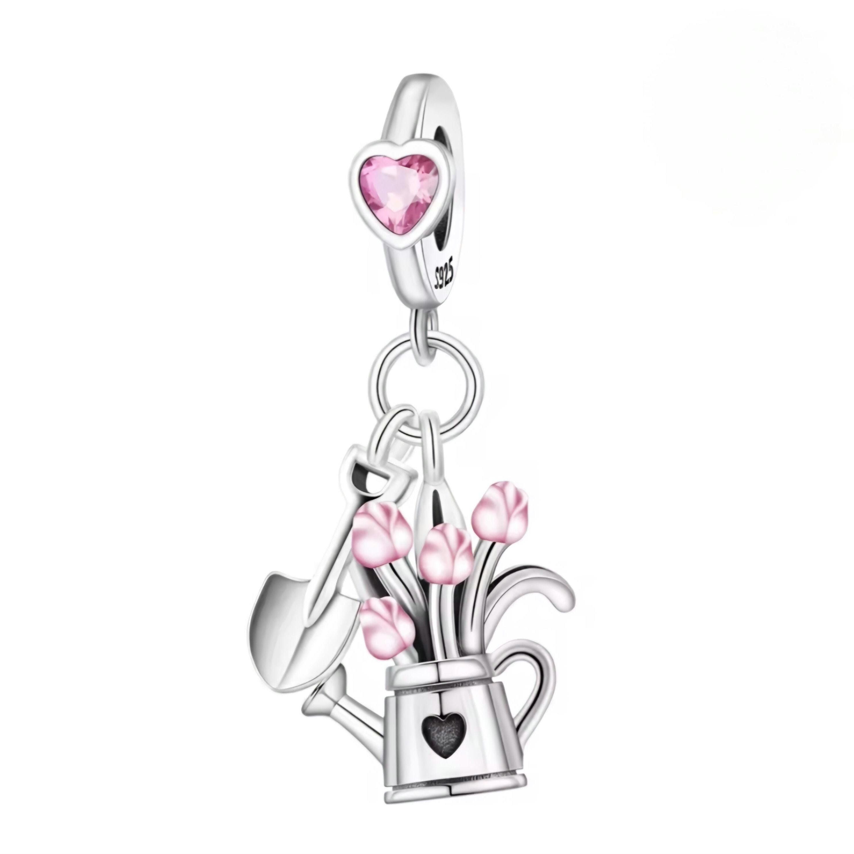 925 silver charm tulips sterling silver charms for bracelet, watering can & flowers, gardener gift