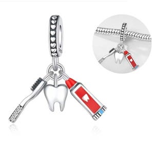 S925 Silber Zahn, Zahnpasta und Zahnbürste Charms für Armband, Geschenk Zahnarzt / Zahnarzthelferin