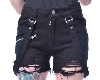 Black Slashed Shorts Ripped Slash Rips Denim Braces Gothic Goth Punk Emo Summer Festival Party Beach Casual ALT Alternative Halloween Pants