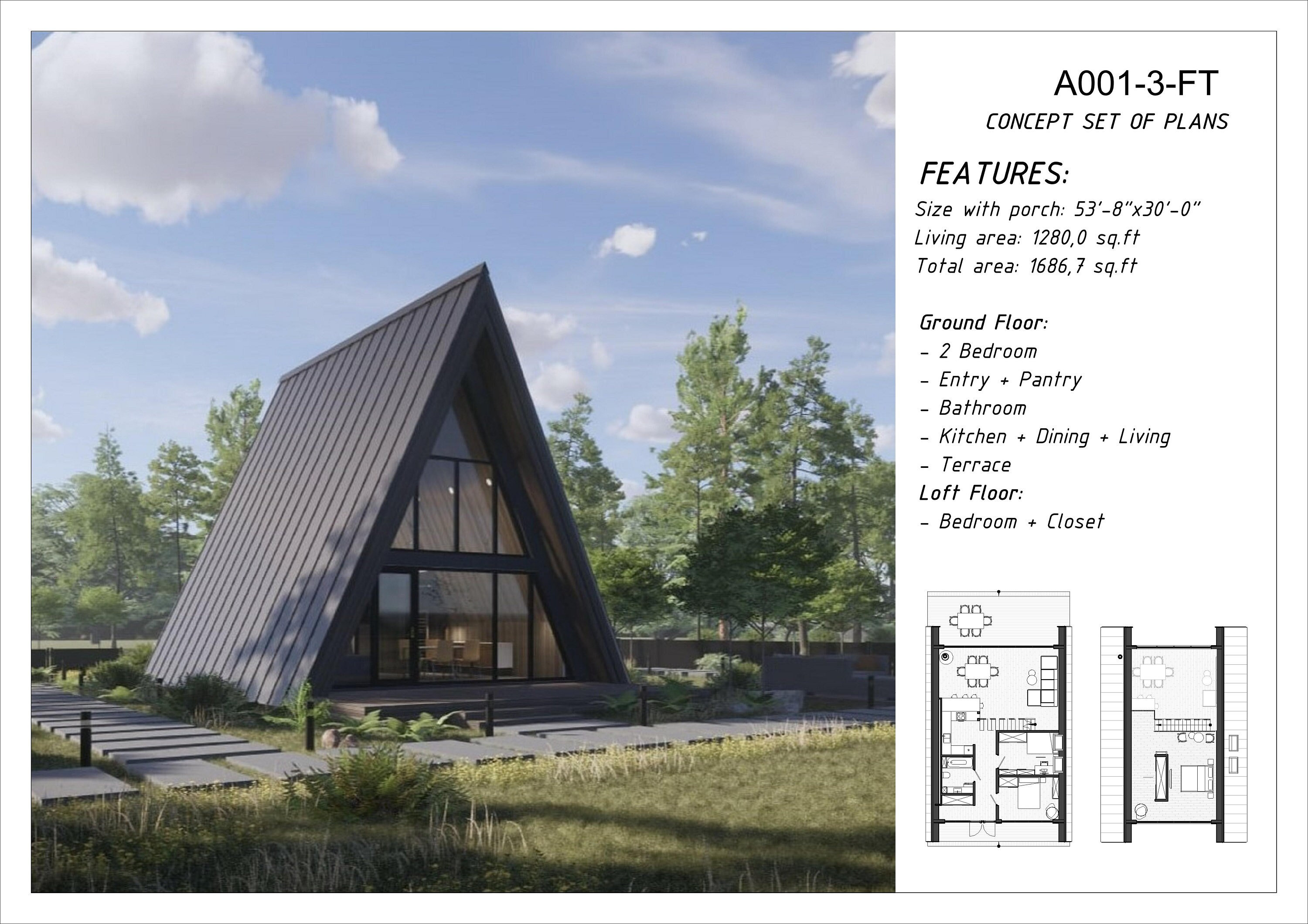 A Frame Cabin House Plans 3 Bedrooms Guest House 55x30 Tiny - Etsy