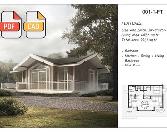 Tiny House Plans with 1 bedroom, 30x40 small home plans with wrap around porch, Small Cabin Floor Plans, Custom house drawing, PDF blueprint