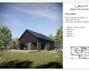 FarmHouse floor Plans with 2 bedroom, Small Modern Cottage, Scandinavian house plans ADU plans PDF blueprint plan Custom house drawing